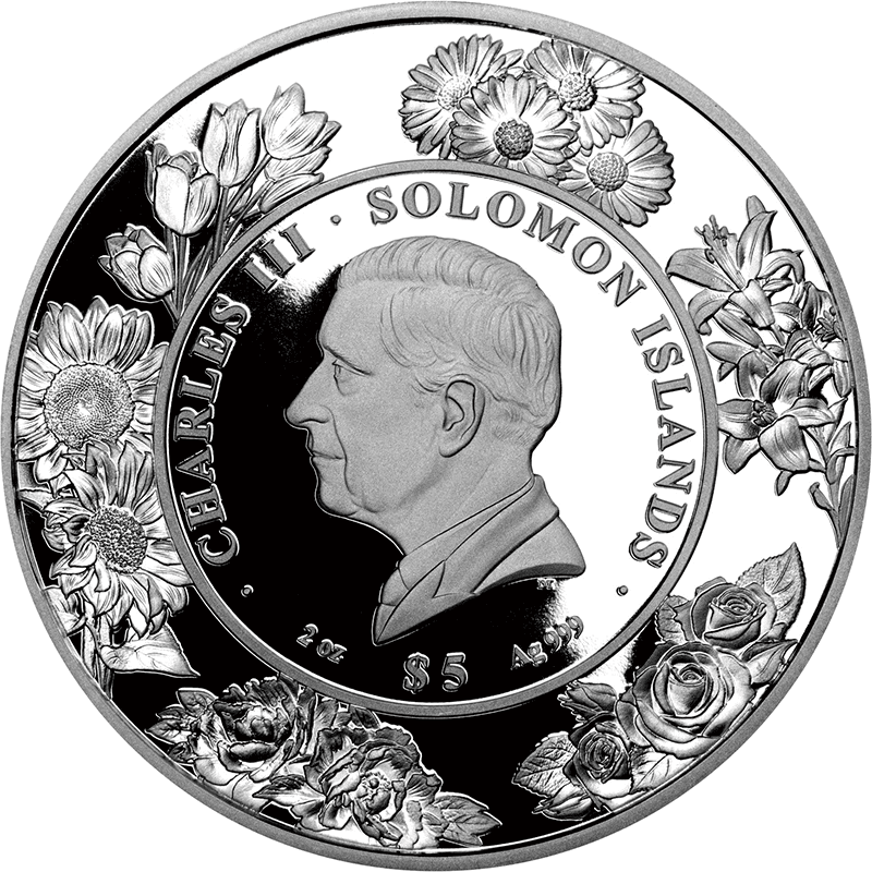 ソロモン諸島 大型5ドルカラー銀貨（マドンナ）PCGSPR69DCAM準最高鑑定 ソロモン諸島 2025年 魅力的なシャクヤクの花 5ドル銀貨天然真珠