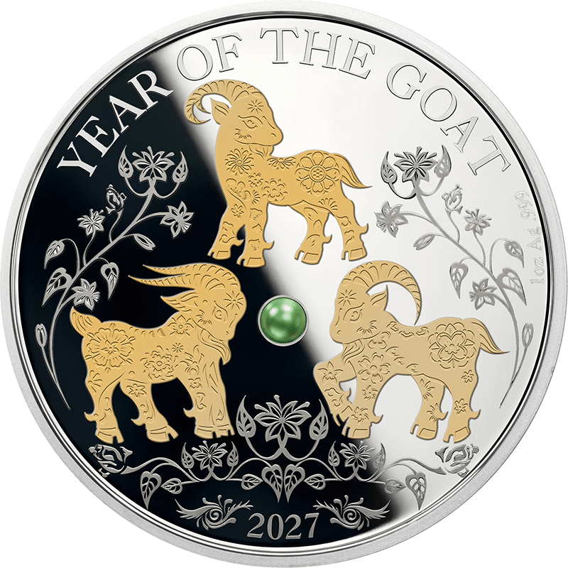 ソロモン諸島 2027年 未年羊図 5ドル銀貨金メッキ・淡水真珠付