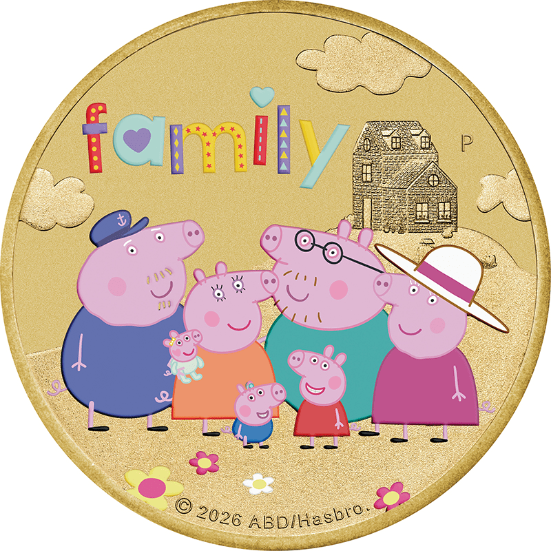 ツバル 2026年 「ペッパピッグ」 家族 1ドルカラーベースメタル貨 未