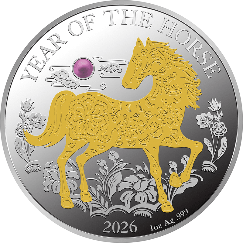 バヌアツ 2026年 午年馬図 20バツ銀貨金メッキ・淡水真珠付 プルーフ