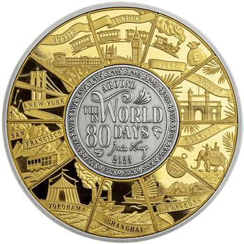 ジブチ 2023年 八十日間世界一周 出版150周年記念 500フランパズル型銀貨金メッキ付 プルーフライク／アンティーク仕上げ
