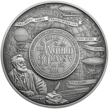 ジブチ 2023年 八十日間世界一周 出版150周年記念 500フランパズル型銀貨金メッキ付 プルーフライク／アンティーク仕上げ
