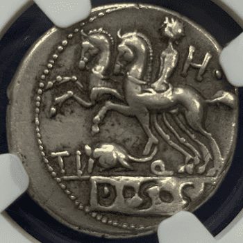 ●一点モノ● 共和制ローマ 112-111BC頃 ティトゥス・クインクティウス ヘラクレス像／馬と鼠 デナリウス銀貨 NGC XF (Strike :4/5; Surface: 4/5)