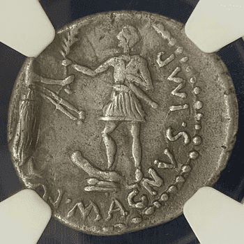 ●一点モノ● ローマ帝国 46-45BC グナエウス・ポンペイウス ローマ像／ヒスパニア立像 デナリウス銀貨 NGC Ch VF (Strike: 4/5; Surface: 3/5)