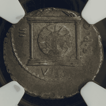 ●一点モノ● ローマ帝国 42BC頃 マルクス･アントニウス像／太陽神の神殿 デナリウス銀貨 NGC VF (Strike: 4/5; Surface: 3/5)