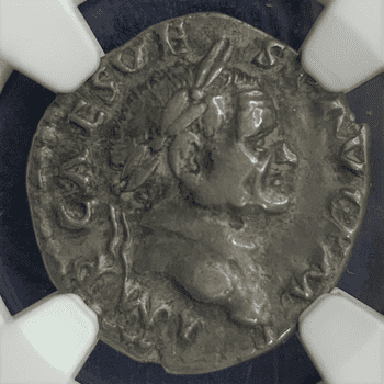 ●一点モノ● ローマ帝国 AD69-79 ウェスパシアヌス帝／4つの聖具 デナリウス銀貨 NGC Ch VF edge marks
