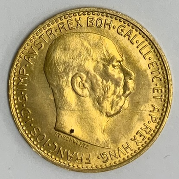 ●一点モノ● オーストリア 1912年KM2816 フランツ・ヨセフ像 10コロナ金貨  極美/未使用
