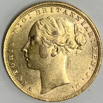 ●一点モノ● 英国 1872年KM752/Y15　ヴィクトリア女王 ヤングタイプ セントジョージ 1ポンド金貨 変色あり 美／極美