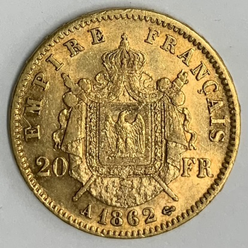 ●一点モノ● フランス 1862年AKM801 ナポレオン3世　月桂冠 20フラン金貨  美品