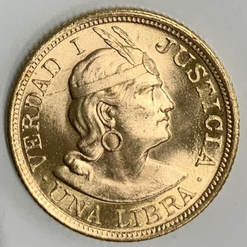 ●一点モノ● ペルー 1966年KM207/Y22 インディアン 1リブラ金貨  未使用