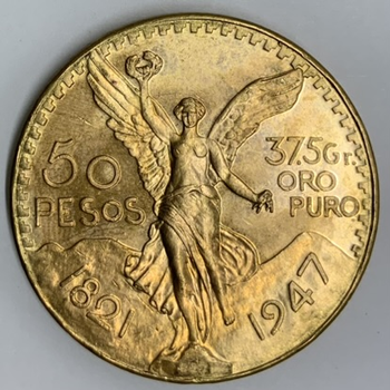 ●一点モノ● メキシコ 1947年KM481 勝利の女神　再鋳 50ペソ金貨  極美／未