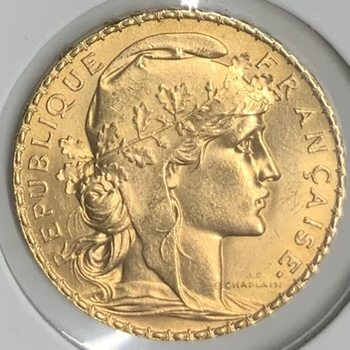 ●一点モノ● フランス 1911年KM857 マリアンヌ　ルースター 20フラン金貨  未使用