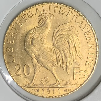 ●一点モノ● フランス 1911年KM857 マリアンヌ　ルースター 20フラン金貨  未使用