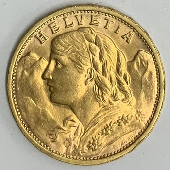 ●一点モノ● スイス 1908年BKM35.1 ブレネリ　アルプスの少女 20フラン金貨  極美