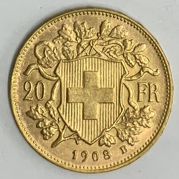 ●一点モノ● スイス 1908年BKM35.1 ブレネリ　アルプスの少女 20フラン金貨  極美
