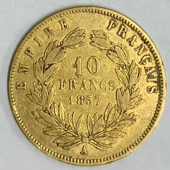 ●一点モノ● フランス 1857年AKM784.3 ナポレオン3世　無冠 10フラン金貨  普/美