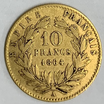●一点モノ● フランス 1864年AKM800.1 ナポレオン3世　月桂冠 10フラン金貨  美品