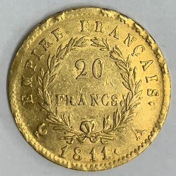 ●一点モノ● フランス 1811年AKMｰ695.1 ナポレオン1世　月桂冠 20フラン金貨  極美