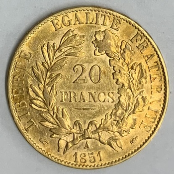 ●一点モノ● フランス 1851年AKM762 セレス像 20フラン金貨  極美/未