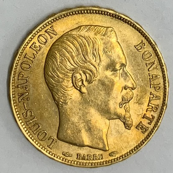 ●一点モノ● フランス 1852年AKM774 ナポレオン1世　無冠 20フラン金貨  極美/未