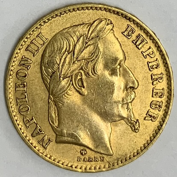 ●一点モノ● フランス 1867年BBKM801.2 ナポレオン3世　月桂冠 20フラン金貨  美品