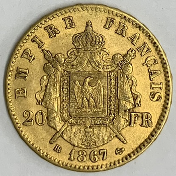 ●一点モノ● フランス 1867年BBKM801.2 ナポレオン3世　月桂冠 20フラン金貨  美品