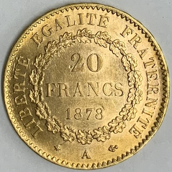 ●一点モノ● フランス 1878年A エンゼル 20フラン金貨  極美/未