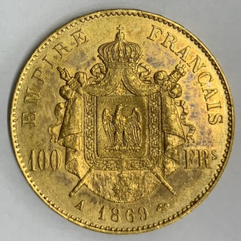 ●一点モノ● フランス 1869年AKMｰ802.1 ナポレオン3世　月桂冠 100フラン金貨  美品