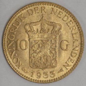 ●一点モノ● オランダ 1933年KM16 ウィルヘルミナ女王 老年像 10グルテン金貨  極美/未