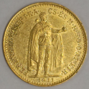 ●一点モノ● ハンガリー 1911年KM485/Y36 フランツ・ヨセフ立像 10コロナ金貨  極美