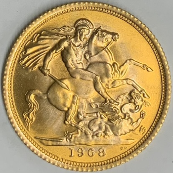 ●一点モノ● 英国 1968年KM908 エリザベス女王2世　ヤング 1ソブリン金貨  未使用