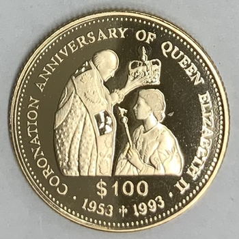 ●一点モノ● ツバル 1993年エリザベス女王 載冠40周年記念 100ドル金貨  プルーフ