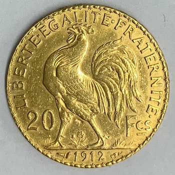 ●一点モノ● フランス 1912年KM857 マリアンヌ　ルースター 20フラン金貨 洗い有 極美