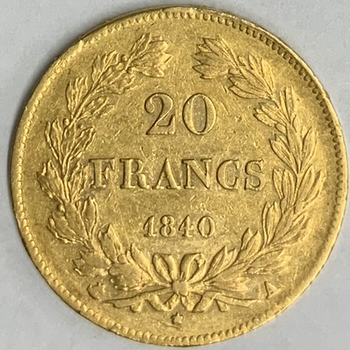 ●一点モノ● フランス 1840年KM750.1 ルイ1世 20フラン金貨  美品