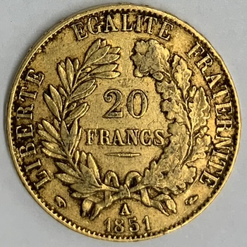 ●一点モノ● フランス 1851年AKM762/Y10 セレス像 20フラン金貨  美品