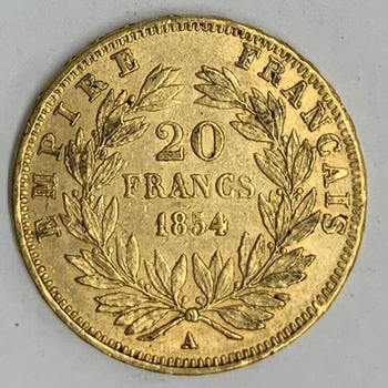 ●一点モノ● フランス 1854年AKM781/Y35 ナポレオン3世　無冠 20フラン金貨  極美