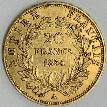 ●一点モノ● フランス 1854年AKM781/Y35 ナポレオン3世　無冠 20フラン金貨  美/極美