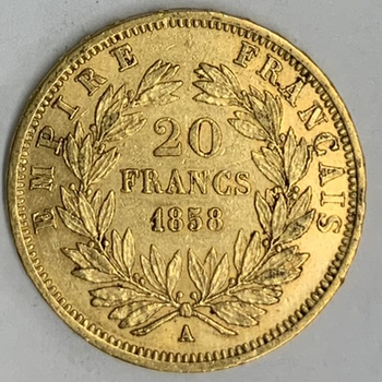 ●一点モノ● フランス 1858年AKM781/Y35 ナポレオン3世　無冠 20フラン金貨  極美