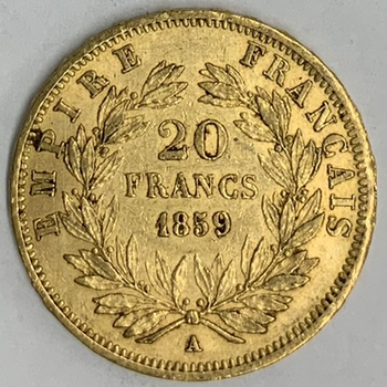 ●一点モノ● フランス 1859年AKM781/Y35 ナポレオン3世　無冠 20フラン金貨  美/極美