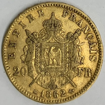 ●一点モノ● フランス 1862年BBKM801.2 ナポレオン3世　月桂冠 20フラン金貨  美品