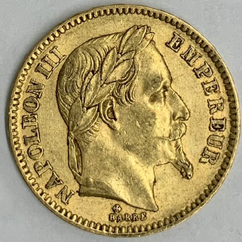 ●一点モノ● フランス 1865年BBKM801.2 ナポレオン3世　月桂冠 20フラン金貨  美品