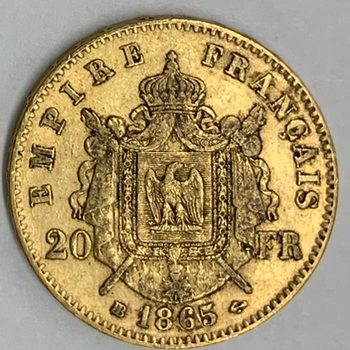 ●一点モノ● フランス 1865年BBKM801.2 ナポレオン3世　月桂冠 20フラン金貨  美品