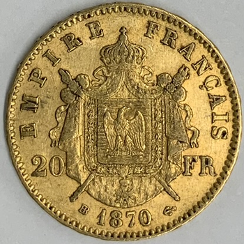 ●一点モノ● フランス 1870年BBKM801.2 ナポレオン3世　月桂冠 20フラン金貨  美品