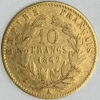 ●一点モノ● フランス 1862年通常貨 ナポレオン3世 10フラン金貨  普/美