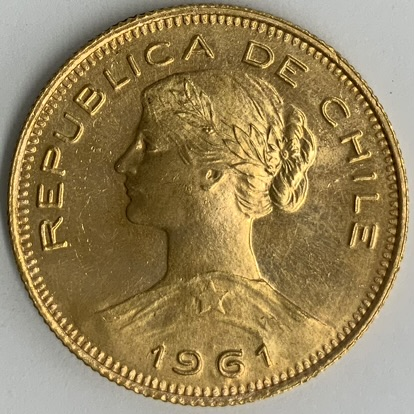 ○一点モノ○ チリ 1961年 KM175 婦人頭像 100ペソ金貨 極美/未