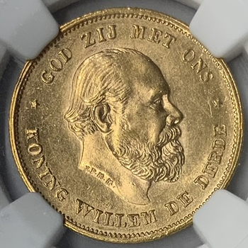 ●一点モノ● オランダ 1875年KM105/YB16 ウィレム3世 10グルテン 金貨 未使用 【NGC：MS63】