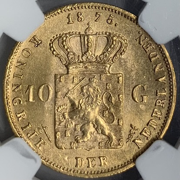 ●一点モノ● オランダ 1875年KM105/YB16 ウィレム3世 10グルテン 金貨 未使用 【NGC：MS63】