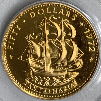 ●一点モノ● バハマ 1972年KM36 50ドル サンタマリア号金貨 プルーフ 【PCGS：PR67】