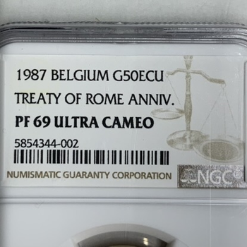 ●一点モノ● ベルギー 1987年KM167ローマ条約30年記念 50エキュー カルル5世金貨 プルーフ 【NGC：PF69 ULTRA CAMEO】