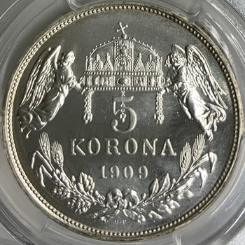 ●一点モノ● ハンガリー 1909年 KB　KM488 フランツ・ヨセフ右向頭像  5コロナ再鋳銀貨 プルーフ 【PCGS：PR68】